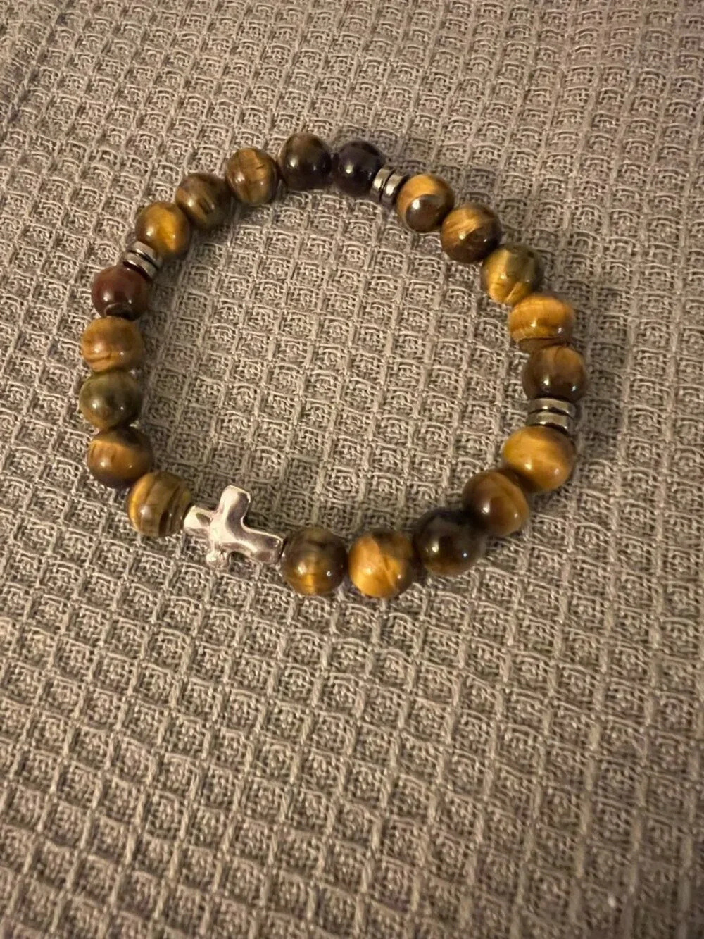 Designs by Forte Unisex Tiger's Eye & Silver Cross Stretch Bracelet